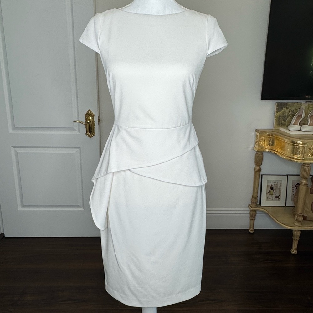 Vince Camuto White Peplum Sheath Knee-Length Dress with Cap Sleeves